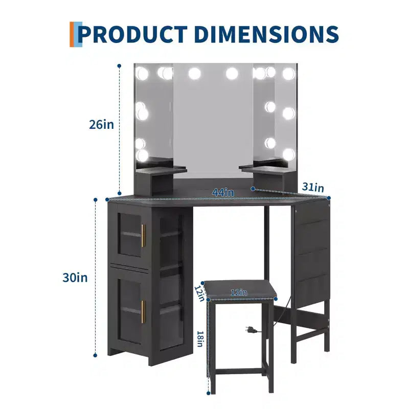 Coiffeuse d'angle et tabouret, Coiffeuse d'angle avec miroir lumineux LED, station de charge et armoire pour chambre à coucher
