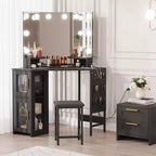 Coiffeuse d'angle et tabouret, Coiffeuse d'angle avec miroir lumineux LED, station de charge et armoire pour chambre à coucher