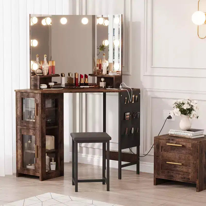 Coiffeuse d'angle et tabouret, Coiffeuse d'angle avec miroir lumineux LED, station de charge et armoire pour chambre à coucher