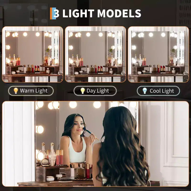 Coiffeuse d'angle et tabouret, Coiffeuse d'angle avec miroir lumineux LED, station de charge et armoire pour chambre à coucher