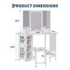 Coiffeuse d'angle et tabouret, Coiffeuse d'angle avec miroir lumineux LED, station de charge et armoire pour chambre à coucher