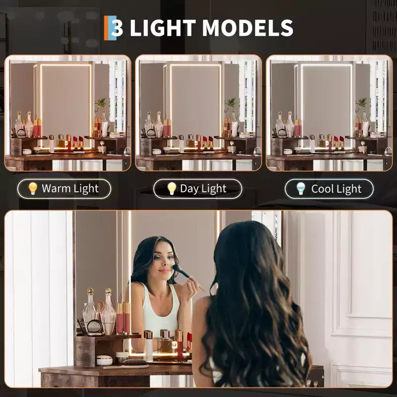 Coiffeuse d'angle et tabouret, Coiffeuse d'angle avec miroir lumineux LED, station de charge et armoire pour chambre à coucher