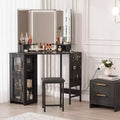 Corner Vanity Desk and Stool, Corner Makeup Vanity with LED Lighted Mirror Charging Station and Cabinet for Bedroom