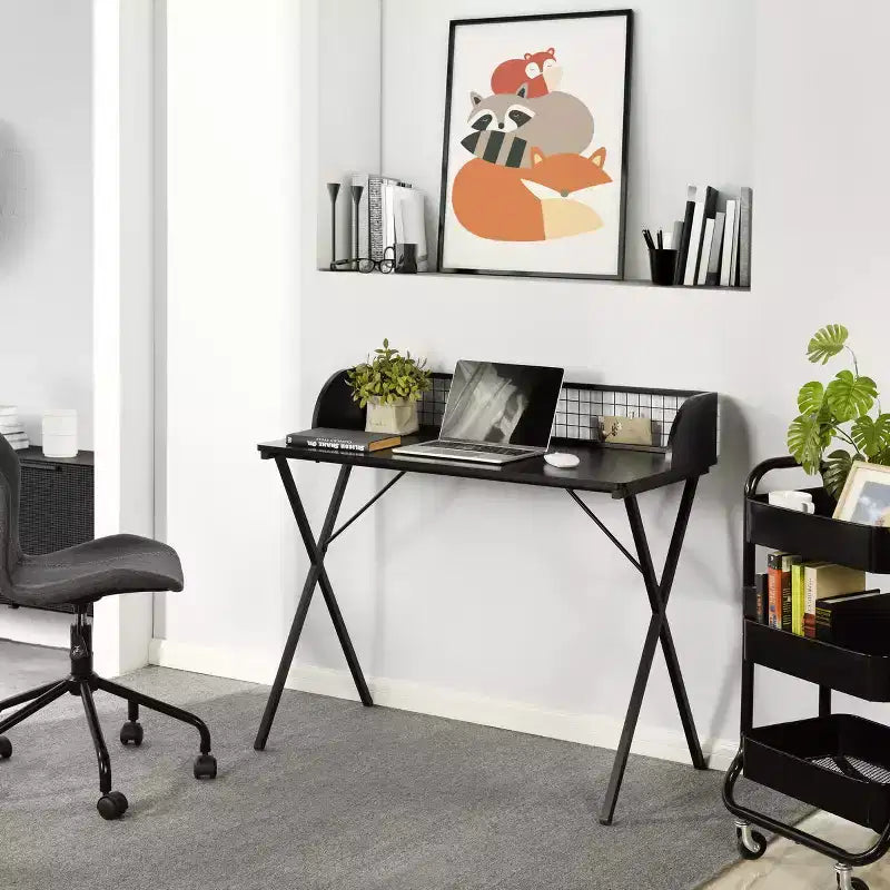 FurnitureR Bureau d'ordinateur 40 avec étagère de rangement à grille, bureau de jeu avec cadre métallique robuste en forme de X, table d'écriture pour bureau à domicile, jeux et études, noir