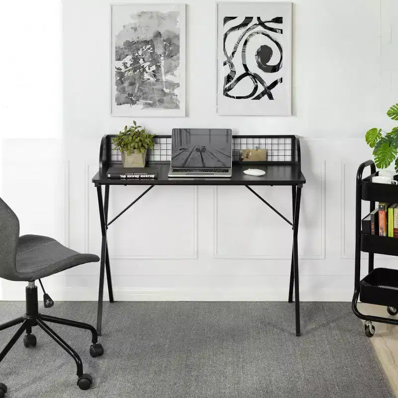 FurnitureR Bureau d'ordinateur 40 avec étagère de rangement à grille, bureau de jeu avec cadre métallique robuste en forme de X, table d'écriture pour bureau à domicile, jeux et études, noir