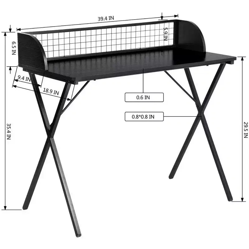 FurnitureR Bureau d'ordinateur 40 avec étagère de rangement à grille, bureau de jeu avec cadre métallique robuste en forme de X, table d'écriture pour bureau à domicile, jeux et études, noir