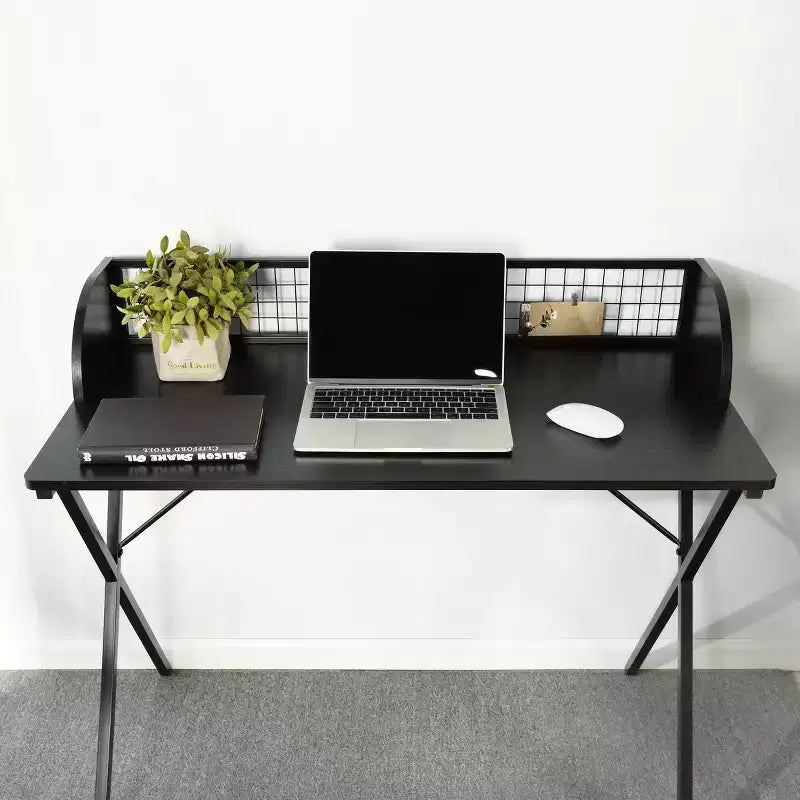 FurnitureR Bureau d'ordinateur 40 avec étagère de rangement à grille, bureau de jeu avec cadre métallique robuste en forme de X, table d'écriture pour bureau à domicile, jeux et études, noir