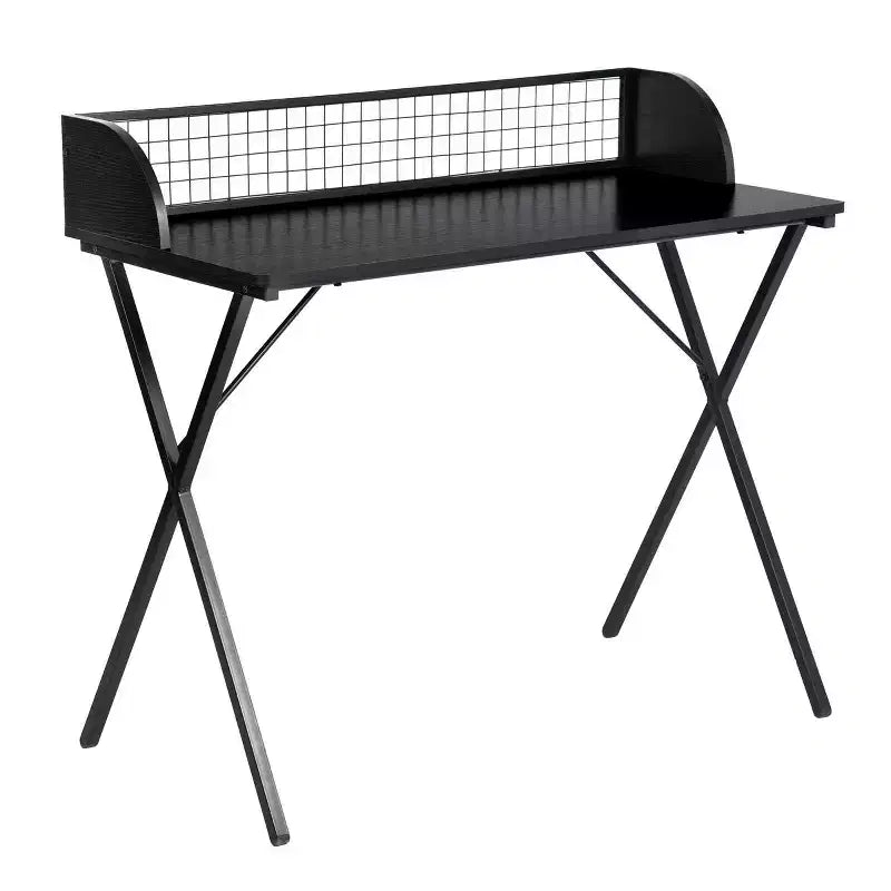 FurnitureR Bureau d'ordinateur 40 avec étagère de rangement à grille, bureau de jeu avec cadre métallique robuste en forme de X, table d'écriture pour bureau à domicile, jeux et études, noir