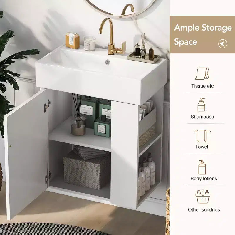 Meuble-lavabo flottant avec évier en céramique, rangement latéral droit/gauche, meuble de salle de bain mural en bois pour petite salle de bain