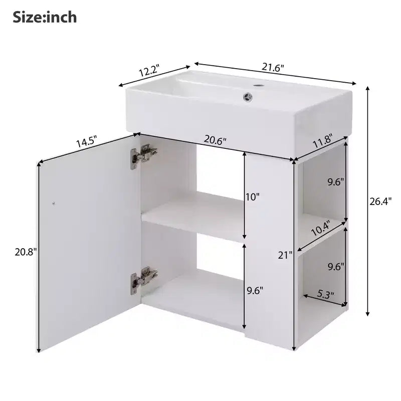 Meuble-lavabo flottant avec évier en céramique, rangement latéral droit/gauche, meuble de salle de bain mural en bois pour petite salle de bain