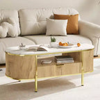 Table basse ovale 48 pouces - Table basse centrale cannelée moderne avec tiroir de rangement, plateau en faux marbre et pieds en métal doré pour salon
