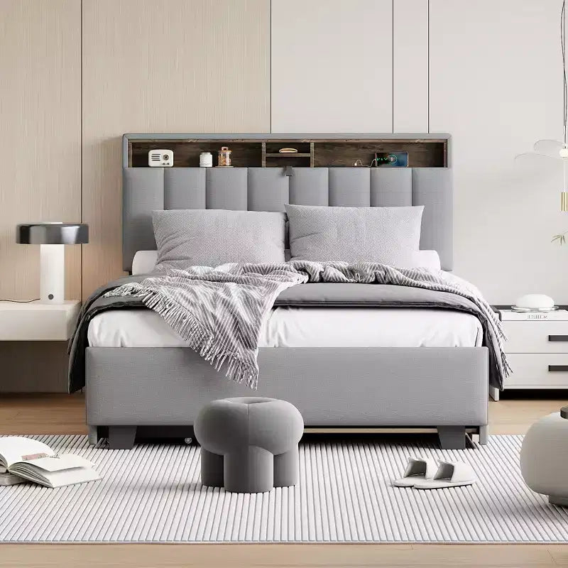 Cadre de lit double/grand lit avec tête de lit de rangement et lit gigogne double XL, lit plateforme en lin avec 2 tiroirs et prises et ports USB