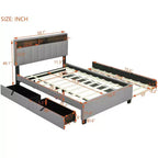 Cadre de lit double/grand lit avec tête de lit de rangement et lit gigogne double XL, lit plateforme en lin avec 2 tiroirs et prises et ports USB