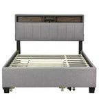 Cadre de lit double/grand lit avec tête de lit de rangement et lit gigogne double XL, lit plateforme en lin avec 2 tiroirs et prises et ports USB