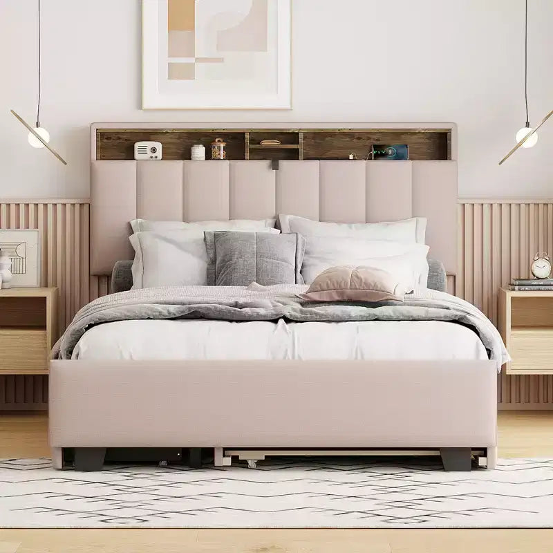 Cadre de lit double/grand lit avec tête de lit de rangement et lit gigogne double XL, lit plateforme en lin avec 2 tiroirs et prises et ports USB