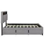 Cadre de lit double/grand lit avec tête de lit de rangement et lit gigogne double XL, lit plateforme en lin avec 2 tiroirs et prises et ports USB