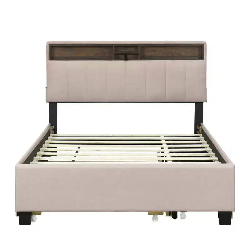 Cadre de lit double/grand lit avec tête de lit de rangement et lit gigogne double XL, lit plateforme en lin avec 2 tiroirs et prises et ports USB