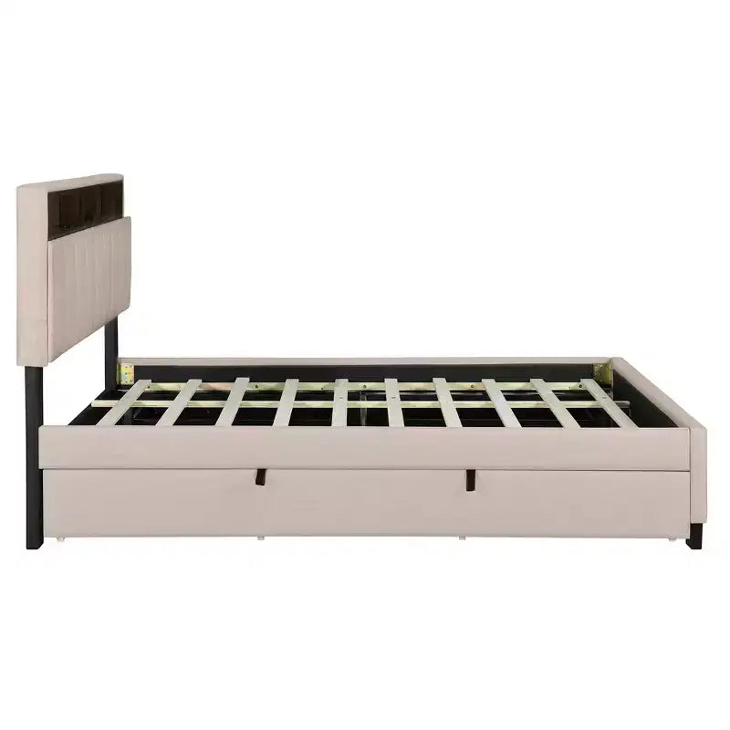 Cadre de lit double/grand lit avec tête de lit de rangement et lit gigogne double XL, lit plateforme en lin avec 2 tiroirs et prises et ports USB