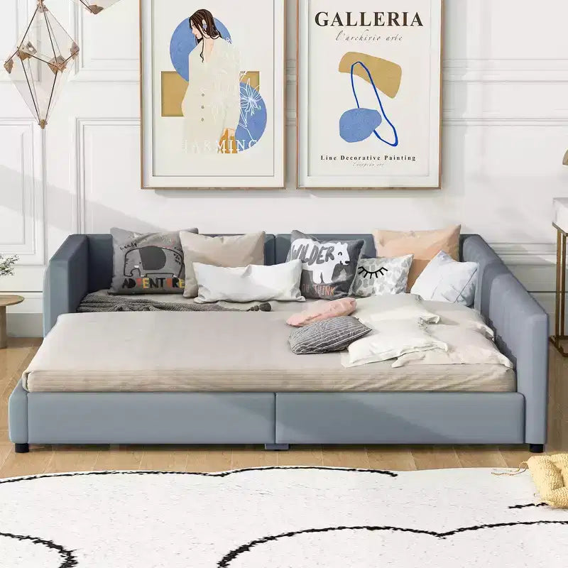 Lit gigogne en bois pour mère et enfant, tailles Queen et Twin XL, capitonné en cuir PU, plateforme au sol