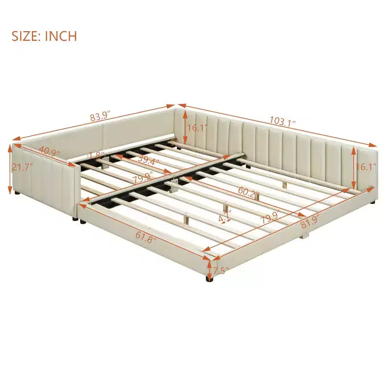 Lit gigogne en bois pour mère et enfant, tailles Queen et Twin XL, capitonné en cuir PU, plateforme au sol