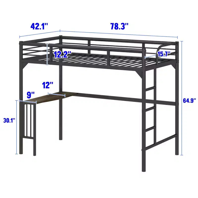 Bellemave Lit mezzanine double en métal avec bureau, échelle et garde-corps, bureau sous le lit, Noir