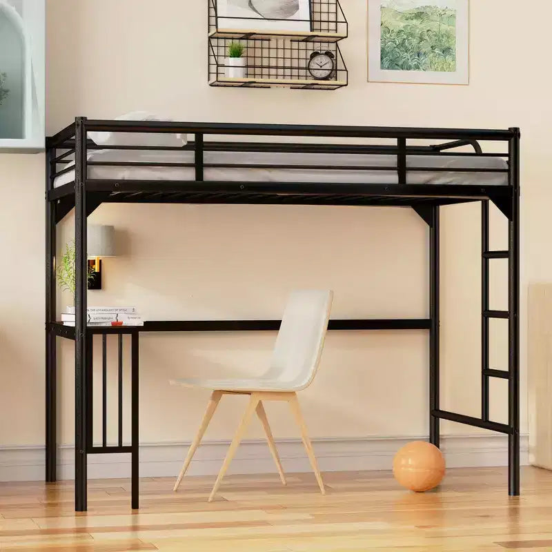 Bellemave Lit mezzanine double en métal avec bureau, échelle et garde-corps, bureau sous le lit, Noir