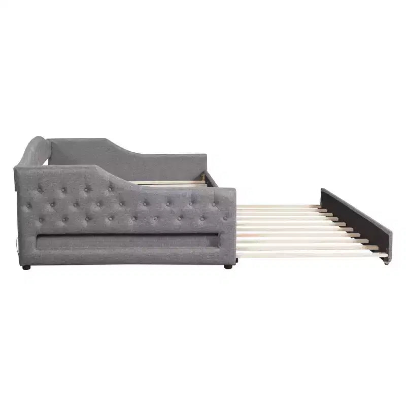 Lit gigogne Bellemave avec revêtement en tissu, taille double XL, avec bande LED et lit tiroir, gris