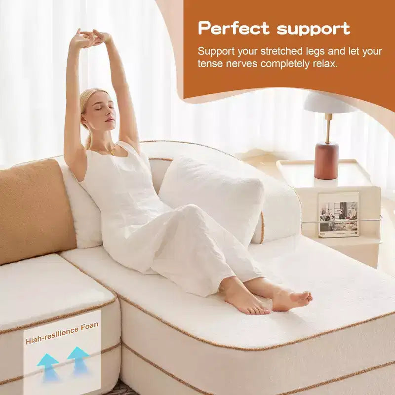 77.2 Tissu Peluche Sans assemblage Canapé désossé en éponge haute densité 32D, Canapé moelleux et confortable avec doubles méridiennes, Canapé-lit pour salon, Blanc