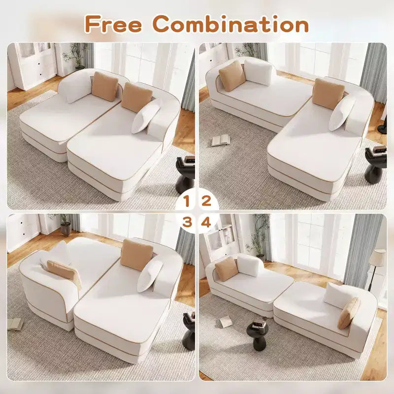 77.2 Tissu Peluche Sans assemblage Canapé désossé en éponge haute densité 32D, Canapé moelleux et confortable avec doubles méridiennes, Canapé-lit pour salon, Blanc