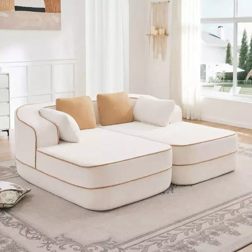 77.2 Teddy Fabric No Assembly 32D High Density sponge Boneless Sofa,Fluffy Comfy Couch with double Chaises,Sleeper sofa for Living Room,White