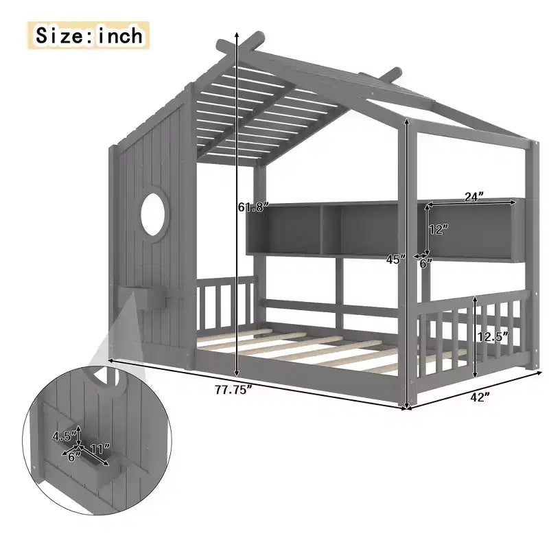 Lit au sol double Whisen & lit Montessori pour enfants, lit cabane avec étagère de rangement, design de toit