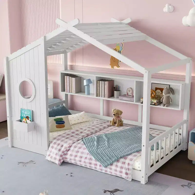 Lit au sol double Whisen & lit Montessori pour enfants, lit cabane avec étagère de rangement, design de toit