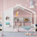 Lit au sol double Whisen & lit Montessori pour enfants, lit cabane avec étagère de rangement, design de toit