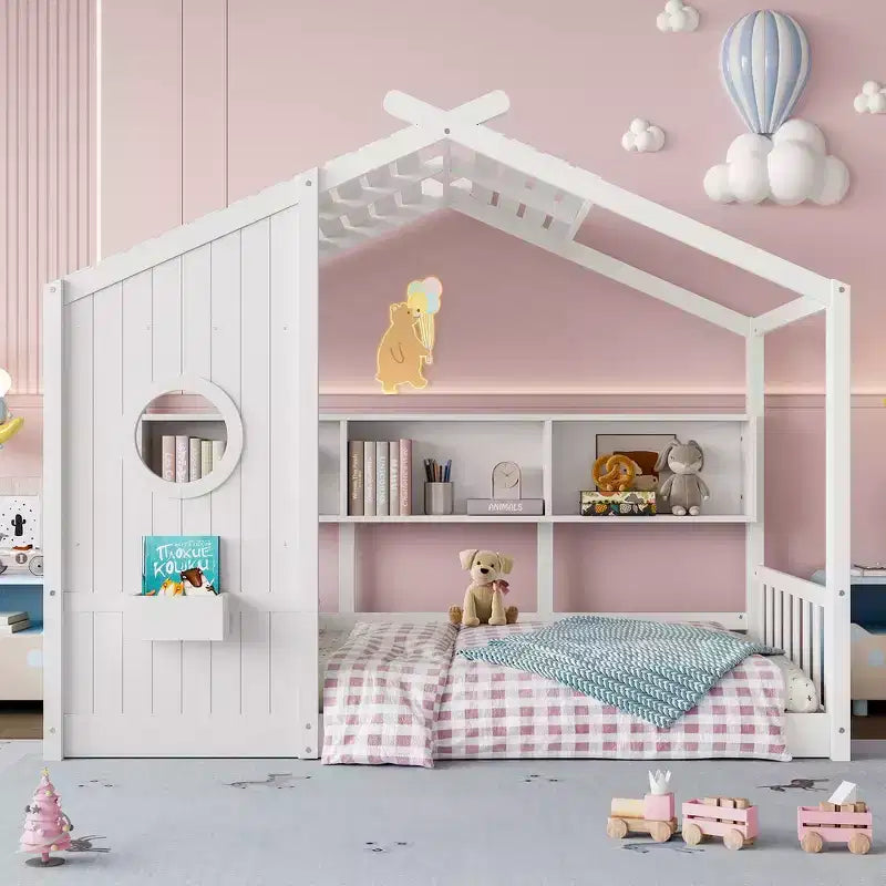 Lit au sol double Whisen & lit Montessori pour enfants, lit cabane avec étagère de rangement, design de toit
