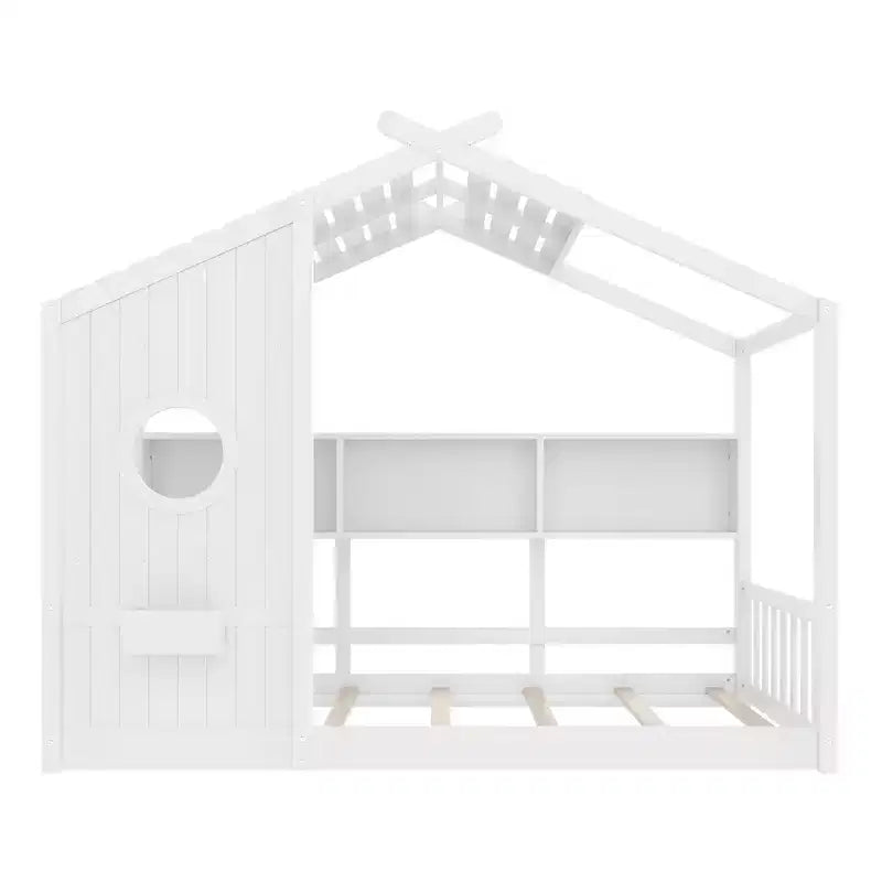 Lit au sol double Whisen & lit Montessori pour enfants, lit cabane avec étagère de rangement, design de toit
