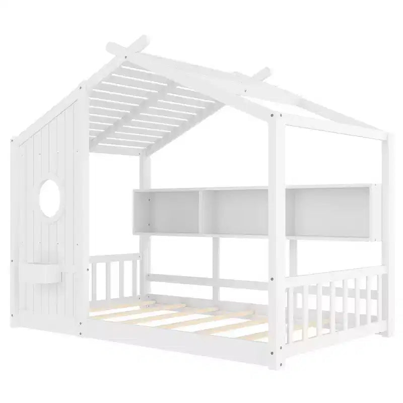 Lit au sol double Whisen & lit Montessori pour enfants, lit cabane avec étagère de rangement, design de toit