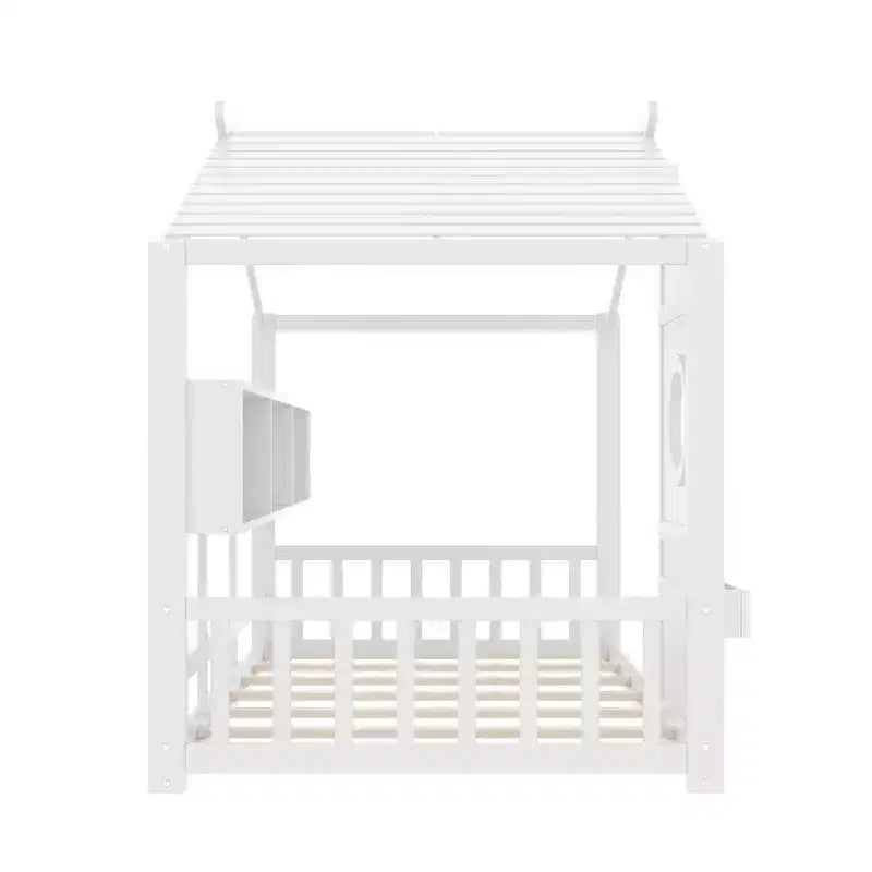 Lit au sol double Whisen & lit Montessori pour enfants, lit cabane avec étagère de rangement, design de toit
