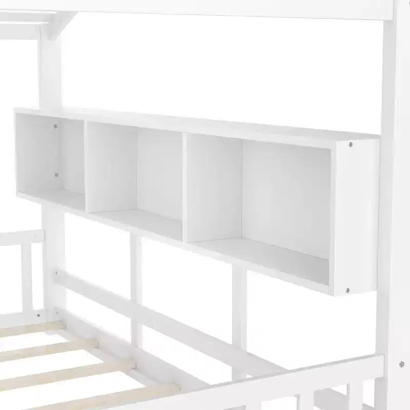 Lit au sol double Whisen & lit Montessori pour enfants, lit cabane avec étagère de rangement, design de toit