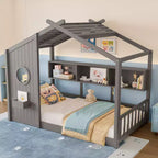 Lit au sol double Whisen & lit Montessori pour enfants, lit cabane avec étagère de rangement, design de toit