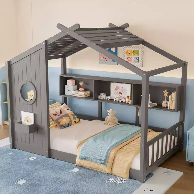 Lit au sol double Whisen & lit Montessori pour enfants, lit cabane avec étagère de rangement, design de toit