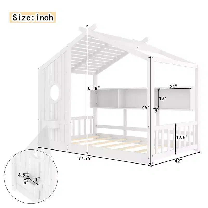 Lit au sol double Whisen & lit Montessori pour enfants, lit cabane avec étagère de rangement, design de toit