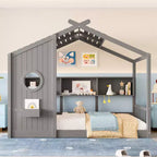 Lit au sol double Whisen & lit Montessori pour enfants, lit cabane avec étagère de rangement, design de toit