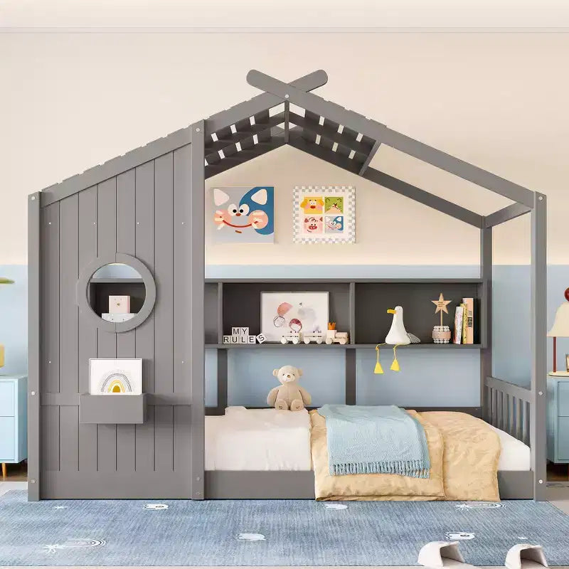 Lit au sol double Whisen & lit Montessori pour enfants, lit cabane avec étagère de rangement, design de toit
