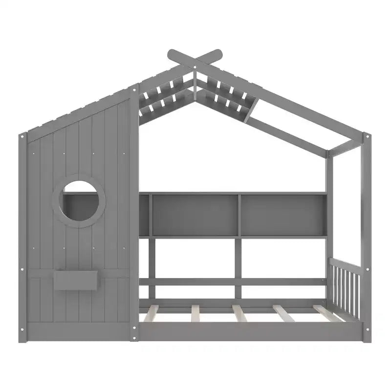 Lit au sol double Whisen & lit Montessori pour enfants, lit cabane avec étagère de rangement, design de toit