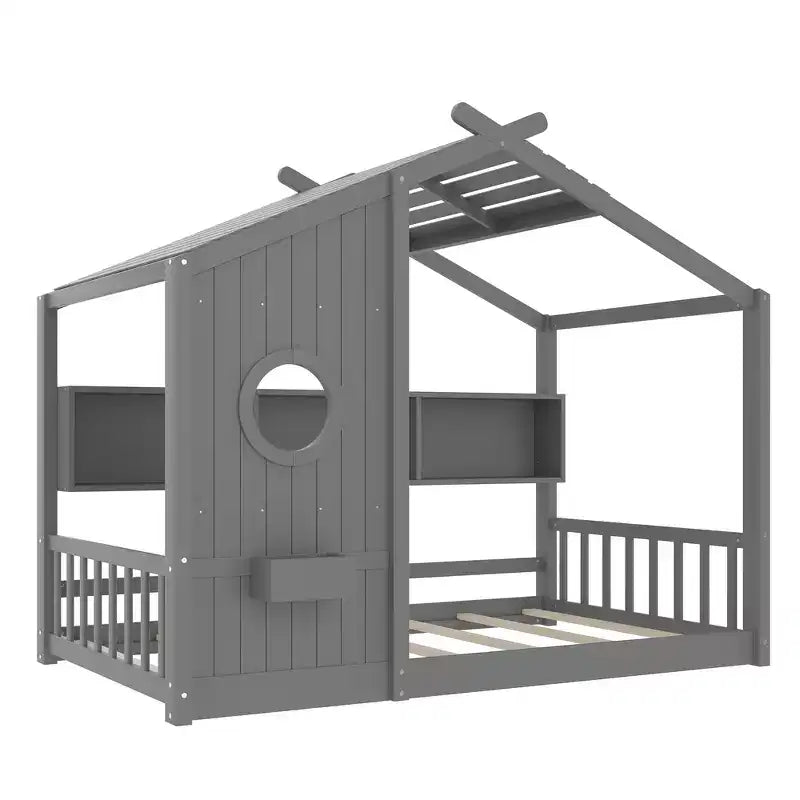 Lit au sol double Whisen & lit Montessori pour enfants, lit cabane avec étagère de rangement, design de toit