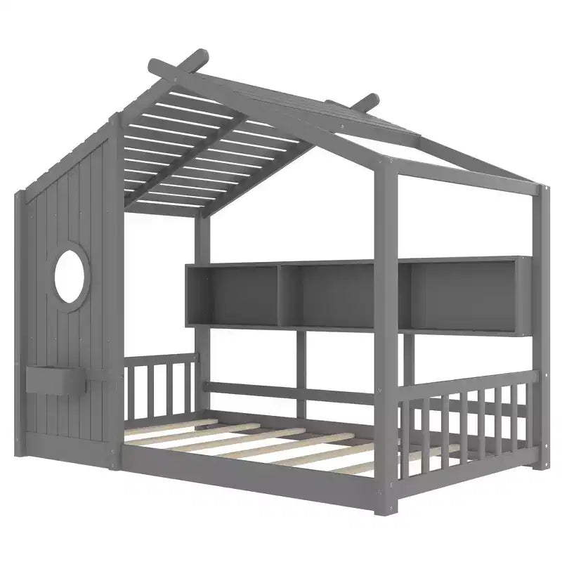 Lit au sol double Whisen & lit Montessori pour enfants, lit cabane avec étagère de rangement, design de toit