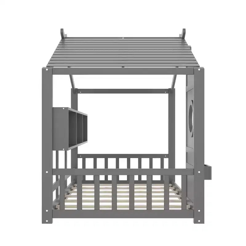 Lit au sol double Whisen & lit Montessori pour enfants, lit cabane avec étagère de rangement, design de toit