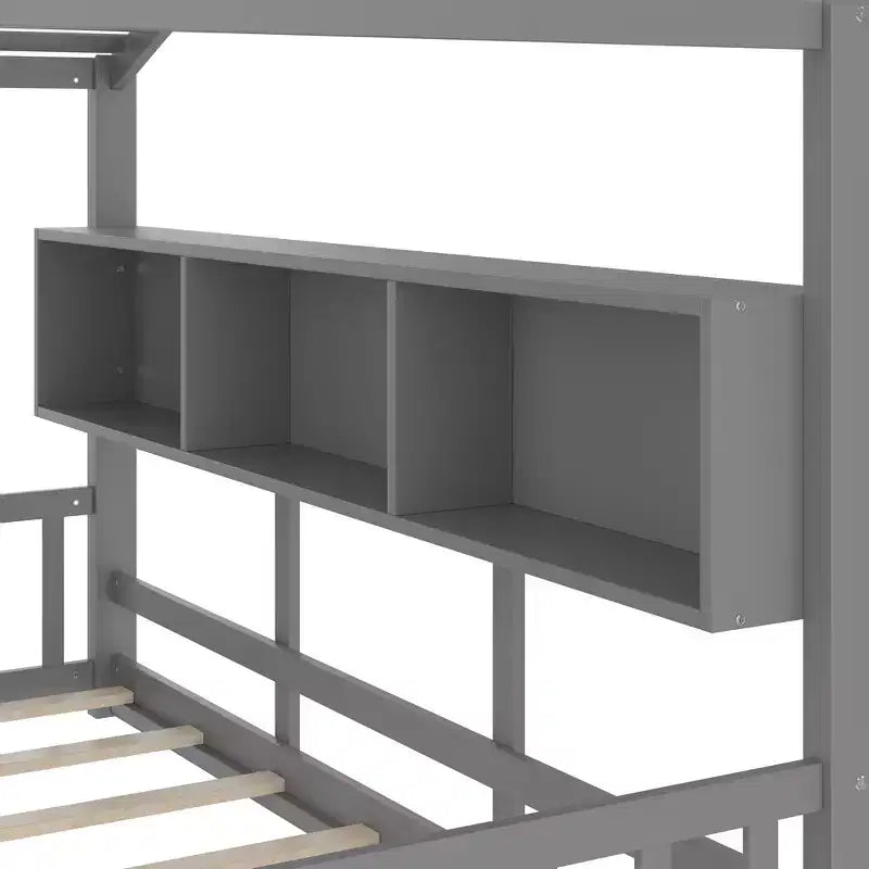 Lit au sol double Whisen & lit Montessori pour enfants, lit cabane avec étagère de rangement, design de toit