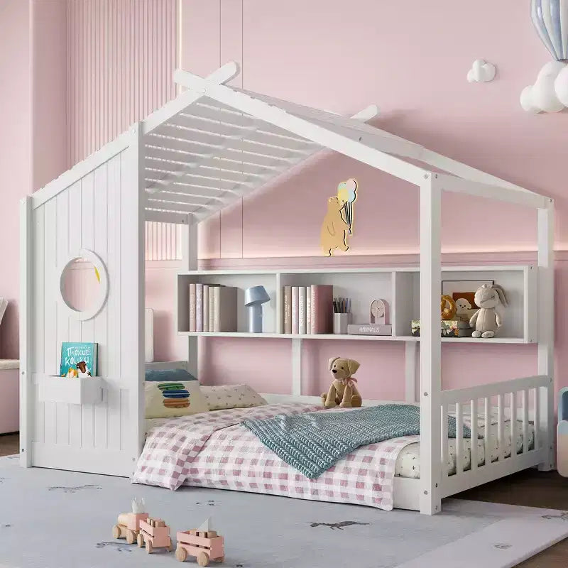 Lit au sol double Whisen & lit Montessori pour enfants, lit cabane avec étagère de rangement, design de toit