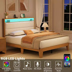 Cadre de lit COZONY avec lumières LED RGB et tête de lit de rangement à 2 niveaux, lit plateforme moderne pour chambre à coucher